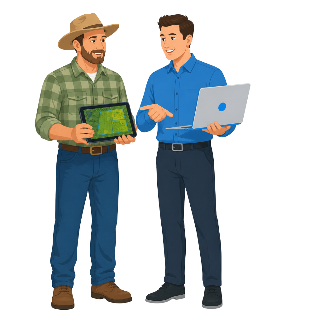 DRONES180 farmer and drone technology expert collaborating with agritech data